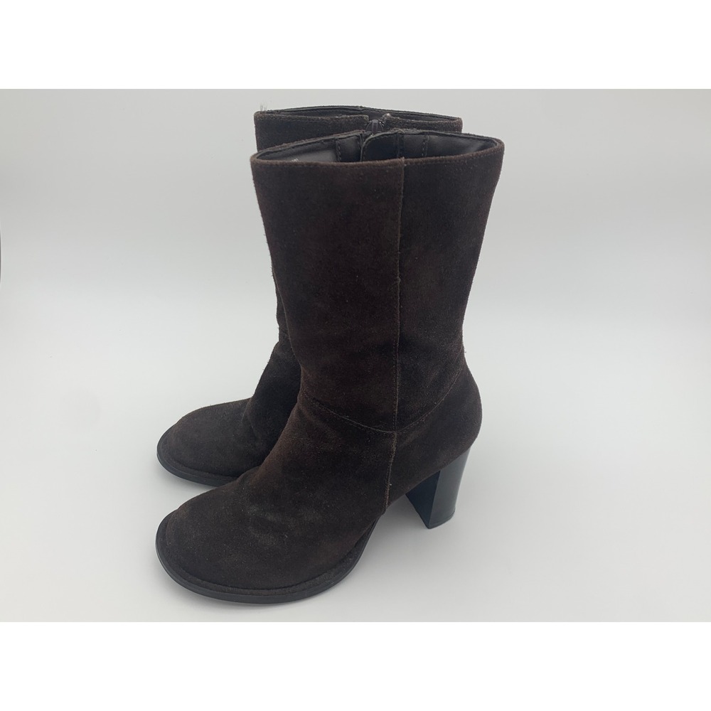 Mossimo Brown Suede Leather Mid Calf Boots Block Heel Side Zip Womens 6.5